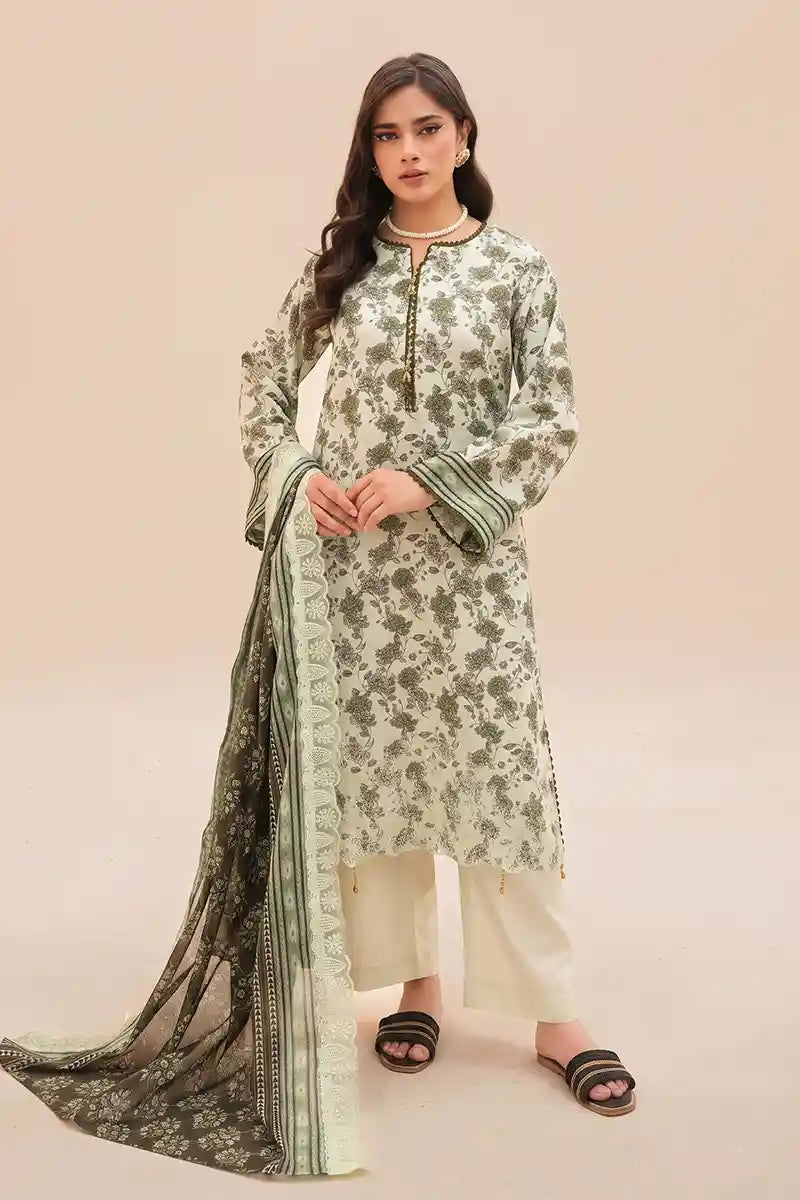 Zesh - 3PC Unstitched Embroidered Lawn Suit (Pale Mint Green & Dark Olive Floral)