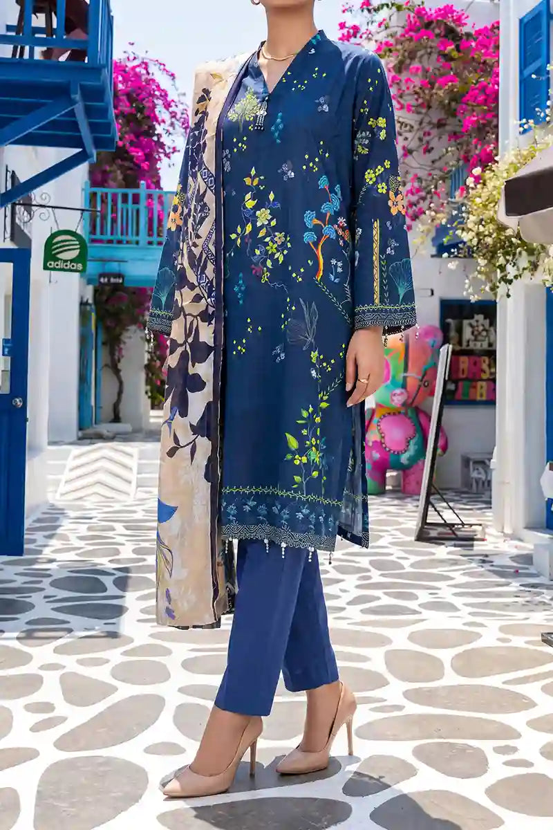 Aabruh Vol-1 3PC Unstitched Printed Lawn Suit (Deep Prussian & Slate Royal Blue)