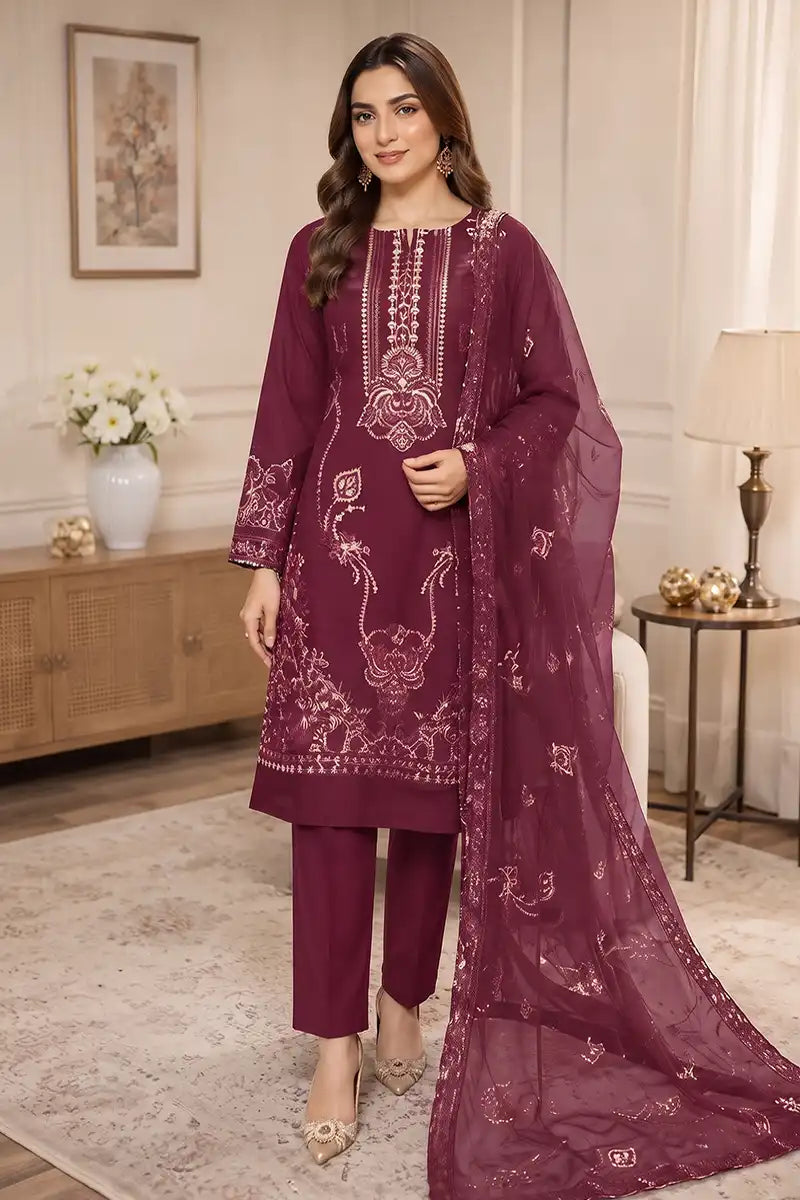 Sawan by Breeza Fashion - 3PC Unstitched Embroidered Lawn Suit (Dark Magenta)