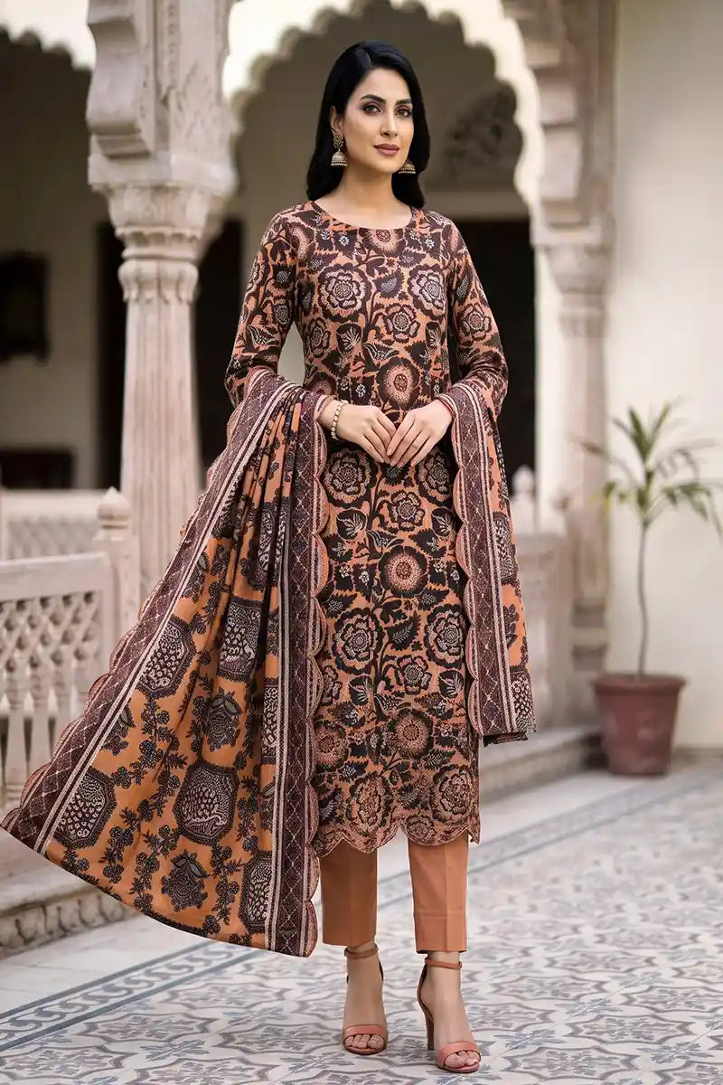 Zesh - 3PC Unstitched Embroidered Lawn Suit (Warm Apricot & Dark Chocolate Brown)