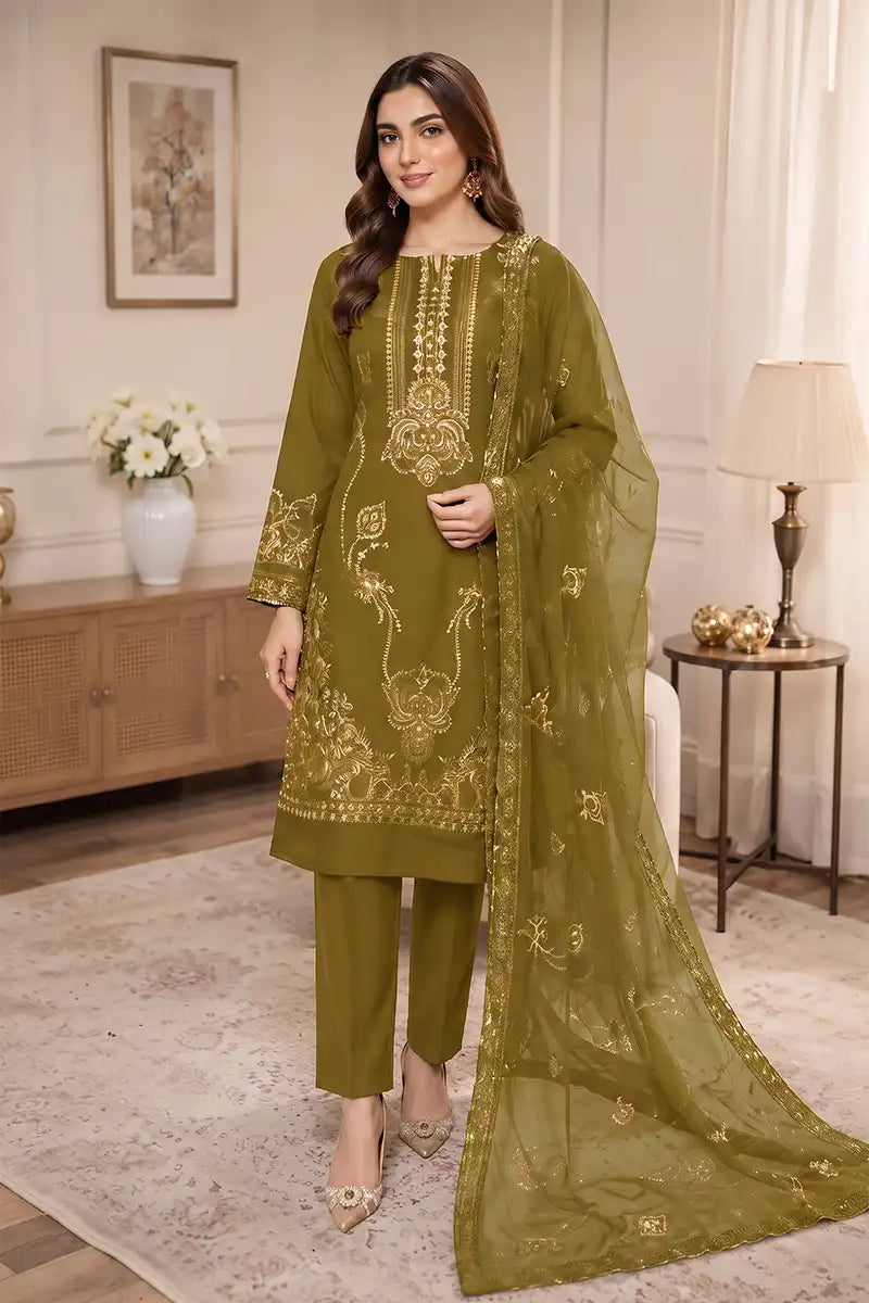 Sawan by Breeza Fashion - 3PC Unstitched Embroidered Lawn Suit (Olive Green)