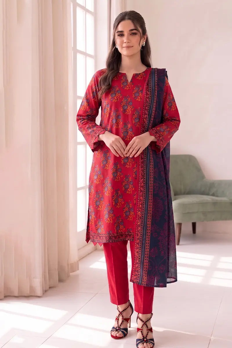 Women's Stitched 3-Piece Lawn Suit by KBC Fashion (Crimson Red)