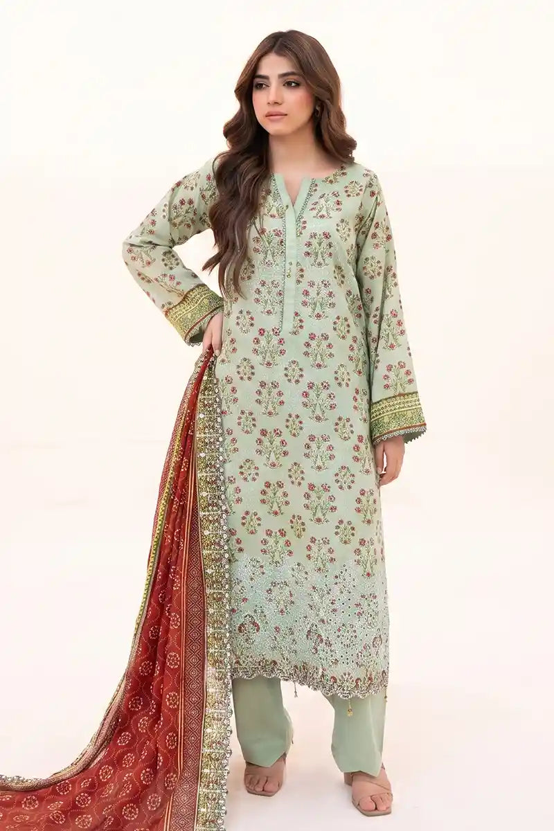Zesh - 3PC Unstitched Embroidered Lawn Suit (Light Mint Green & Rust)