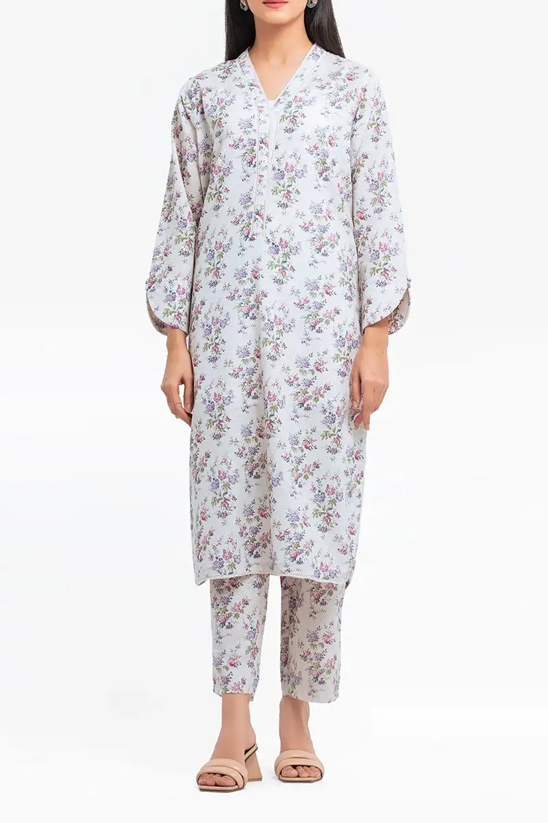Edenrobe Allure Special Unstitched Khaddar 2-Piece Same Print Suit (Ice White)