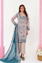 Zesh - Drop Fourteen Printed Series 3PC Unstitched Lawn Suit (Pastel Gray & Teal)