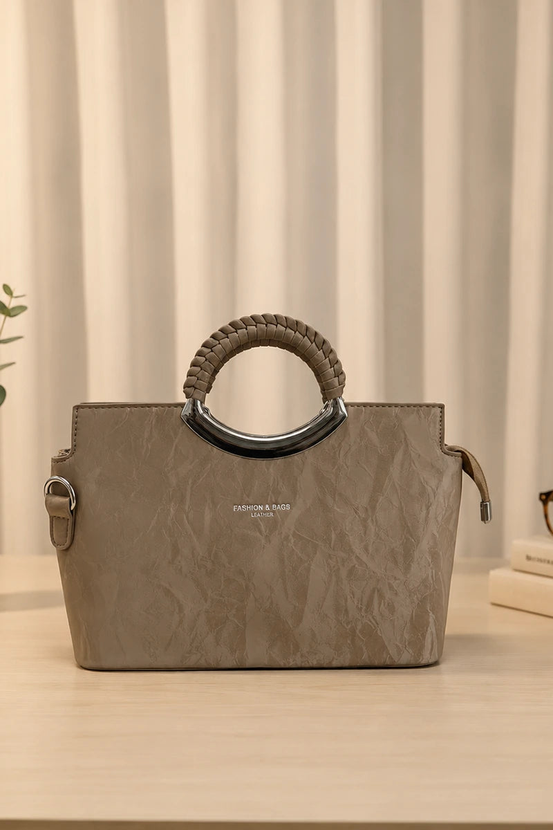 Top Handle Faux Leather Satchel Bag For Women (Warm Taupe)