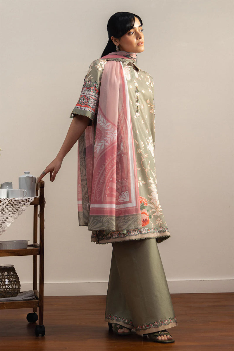 COCO By Zara Shahjahan - 3-Piece Unstitched Printed Lawn Suit (Sage Green & Dusty Rose)