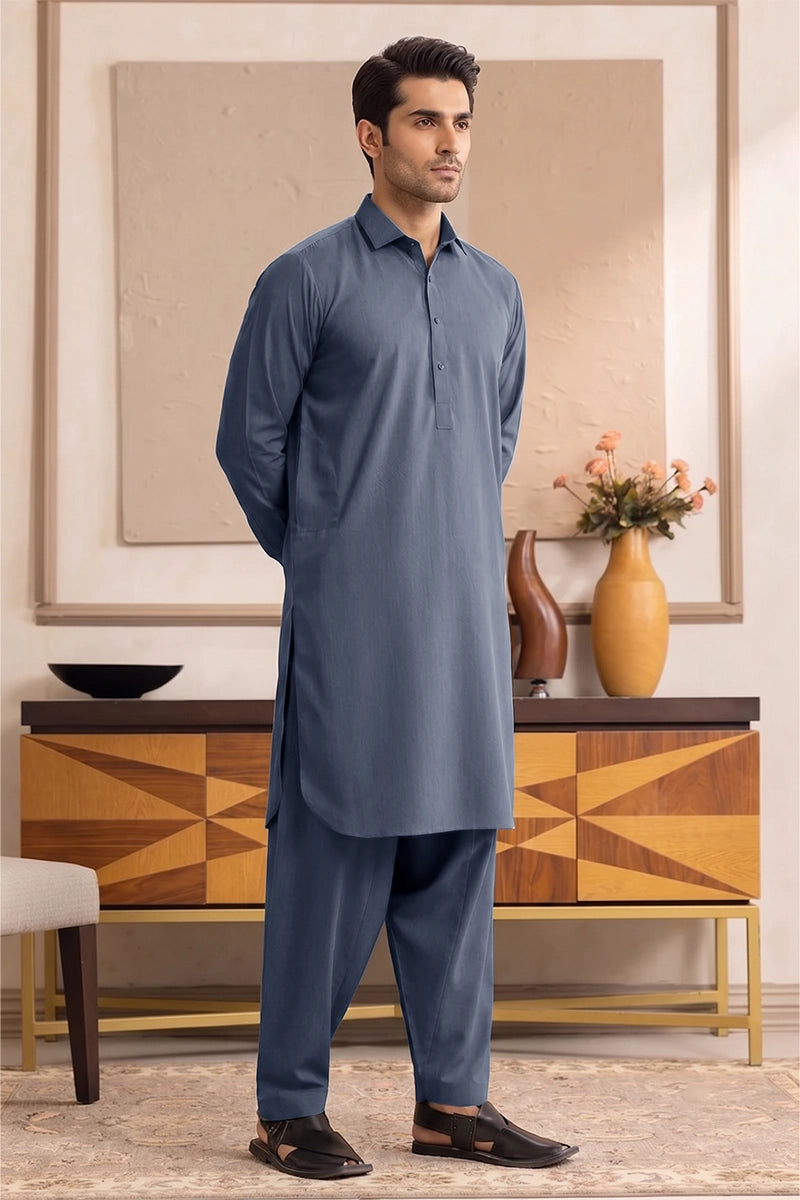 Yameen - Men’s Unstitched Cotton Fabric (Steel Blue)