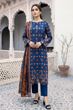 Zesh - 3PC Unstitched Embroidered Lawn Suit (Royal Navy Blue & Rust Orange)