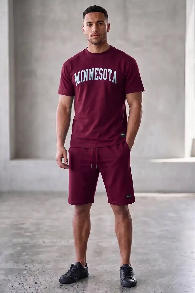 Men's Casual T-Shirt and Shorts Co-ord Set (Burgundy)