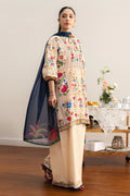 COCO By Zara Shahjahan - 3-Piece Unstitched Printed Lawn Suit (Soft Beige & Navy Blue)