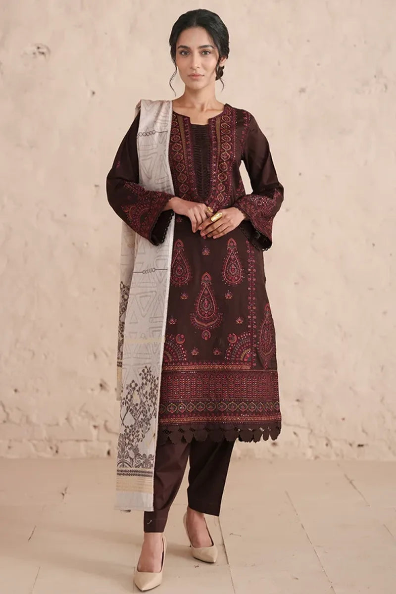 Vasal By Johra - 3PC Unstitched Embroidered Lawn Suit (Dark Chocolate)