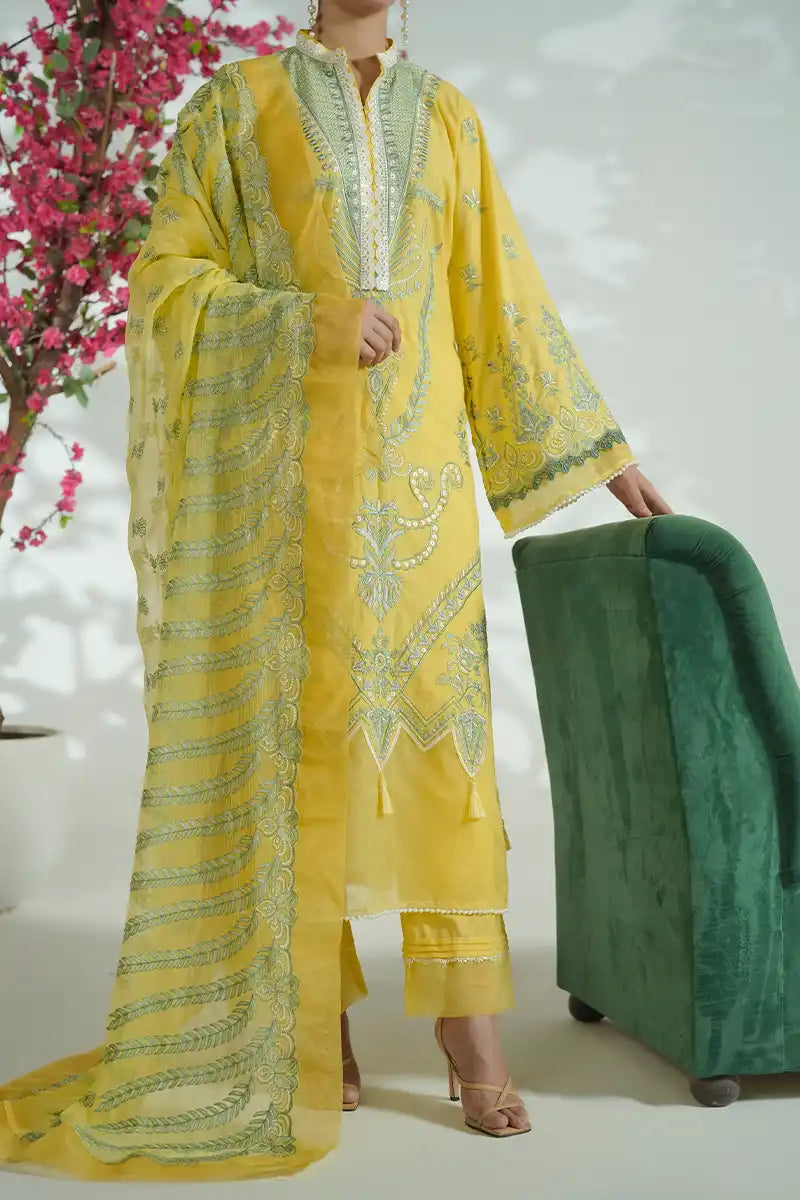 Prestige By KBC Fashion - 3 Piece Unstitched Embroidered Lawn Suit with Chiffon Dupatta (Bright Lemon Yellow)