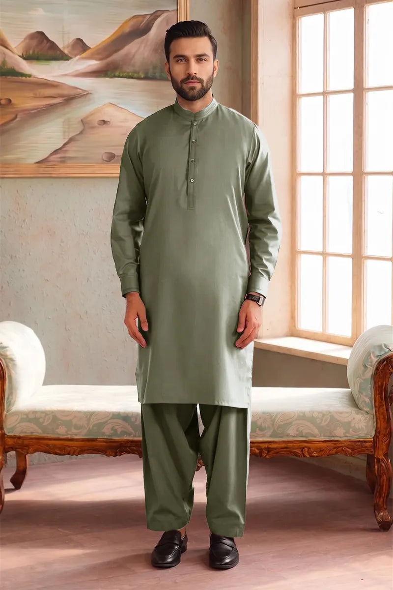 Men’s Wash & Wear Unstitched Fabric By KBC Fashion (Muted Olive Green)