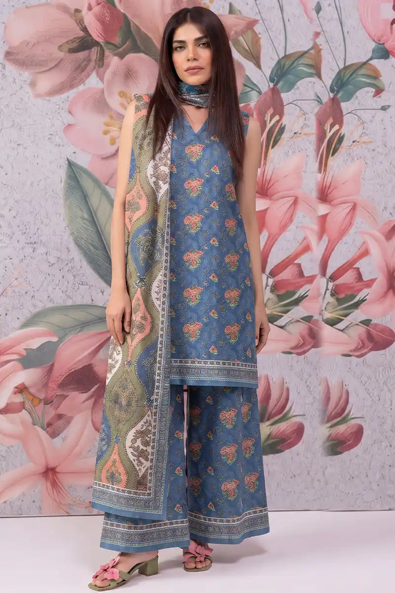 Khaadi 3-Piece Unstitched Printed Lawn Suit Set (Muted Slate Blue)