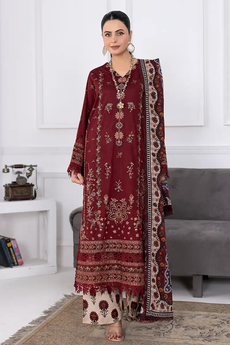 Muswa By Johra - 3PC Unstitched Embroidered Lawn Suit (Deep Maroon)