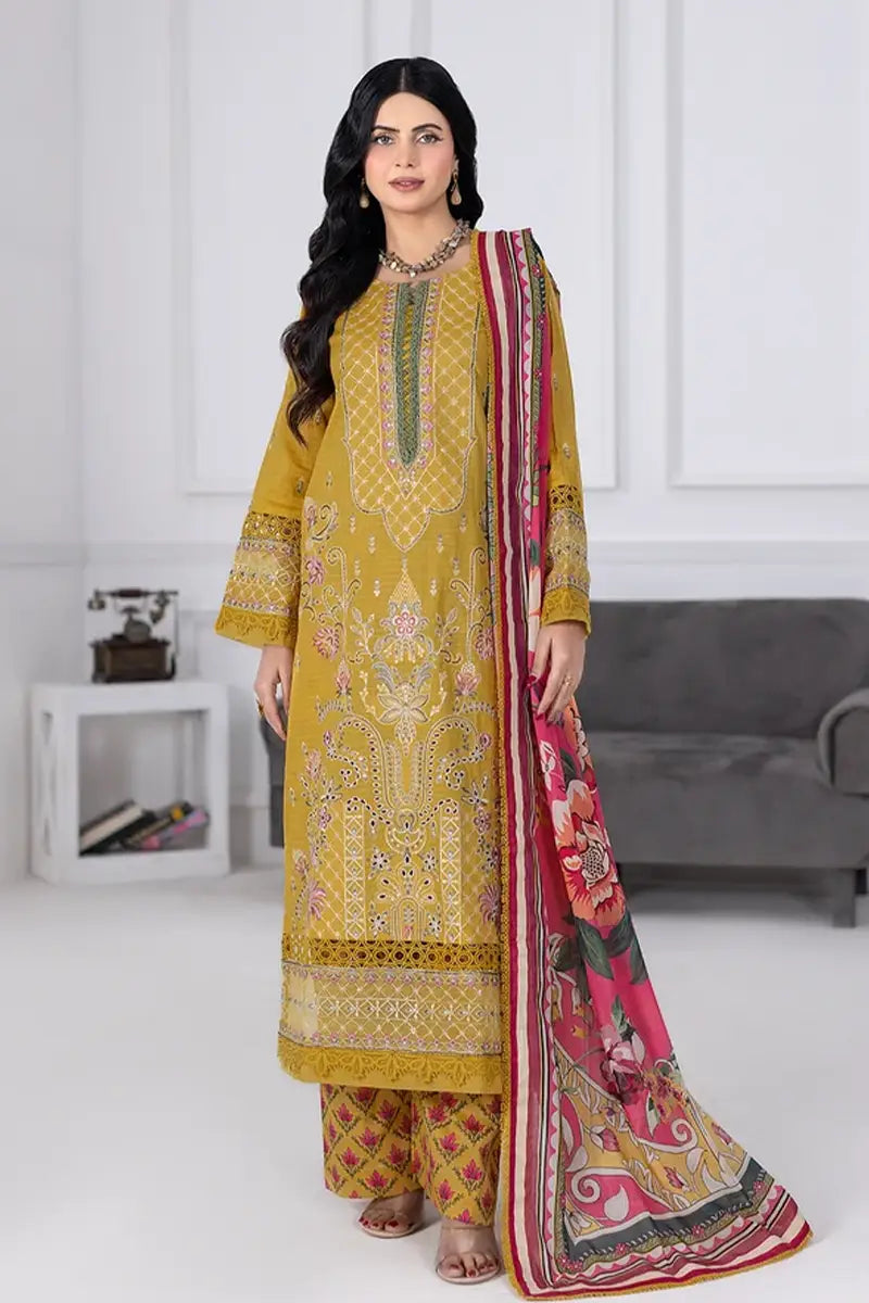 Muswa By Johra - 3PC Unstitched Embroidered Lawn Suit (Mustard Yellow)