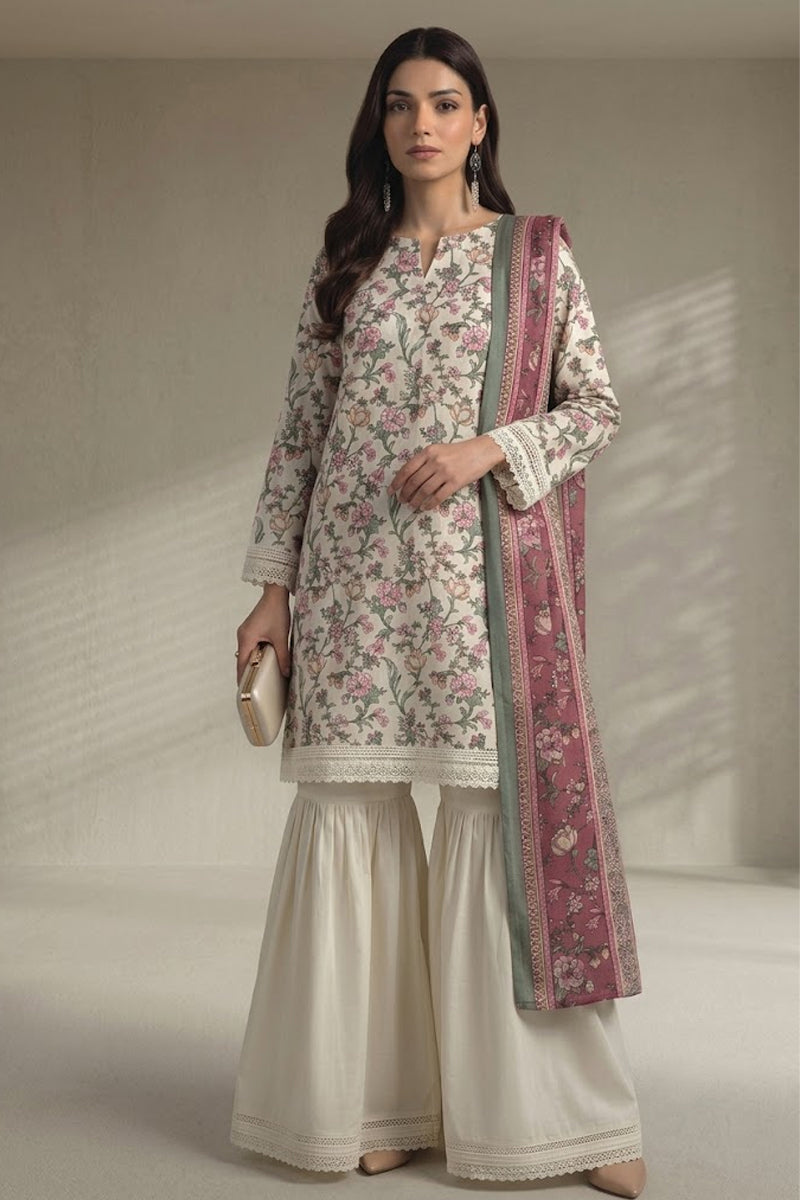Khaadi – 3 Piece Unstitched Digital Printed Lawn Suit (White & Dark Mauve)