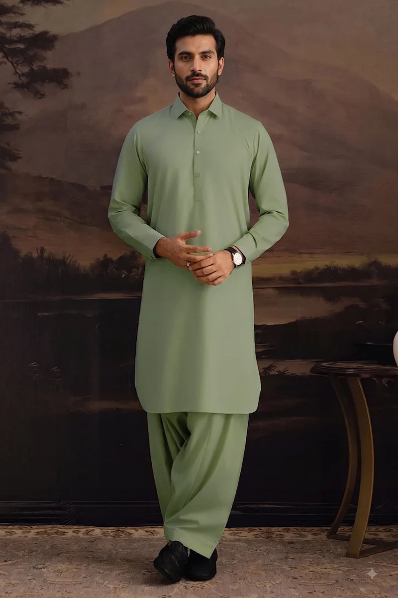 Premium Men's Unstitched Cotton Fabric Suit (Sage Green)