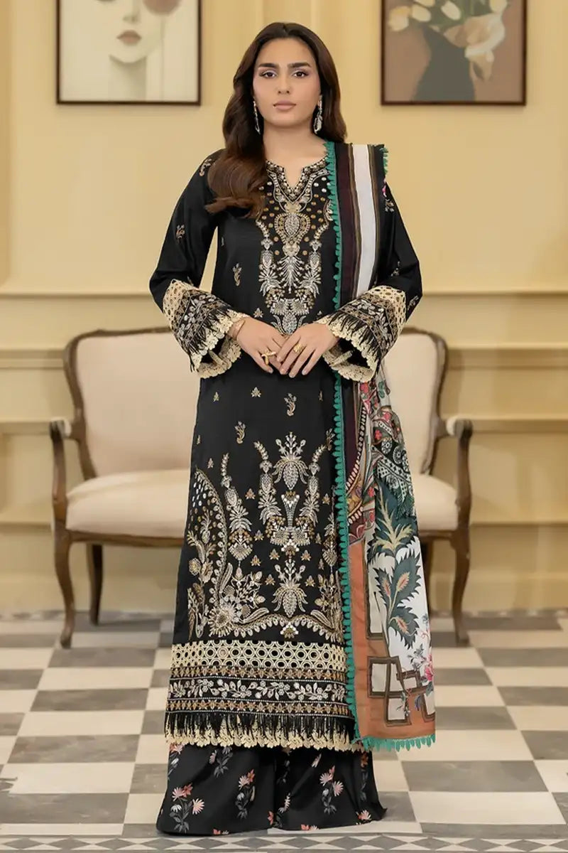 Elvia By Johra - 3PC Unstitched Embroidered Lawn Suit (Black)