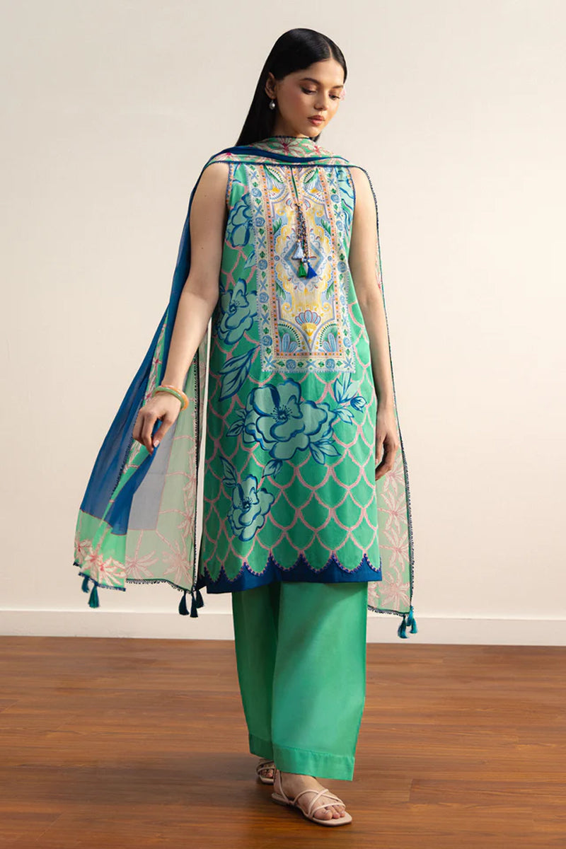 COCO By Zara Shahjahan - 3-Piece Unstitched Printed Lawn Suit (Mint Green & Royal Blue)