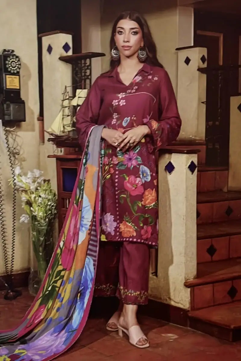 INAYA ALI Unstitched 3-Piece Lawn Collection (Wine Red)
