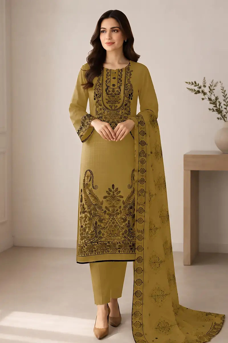 Princess by Breeza Fashion - 3PC Unstitched Embroidered Lawn Suit (Olive Green)