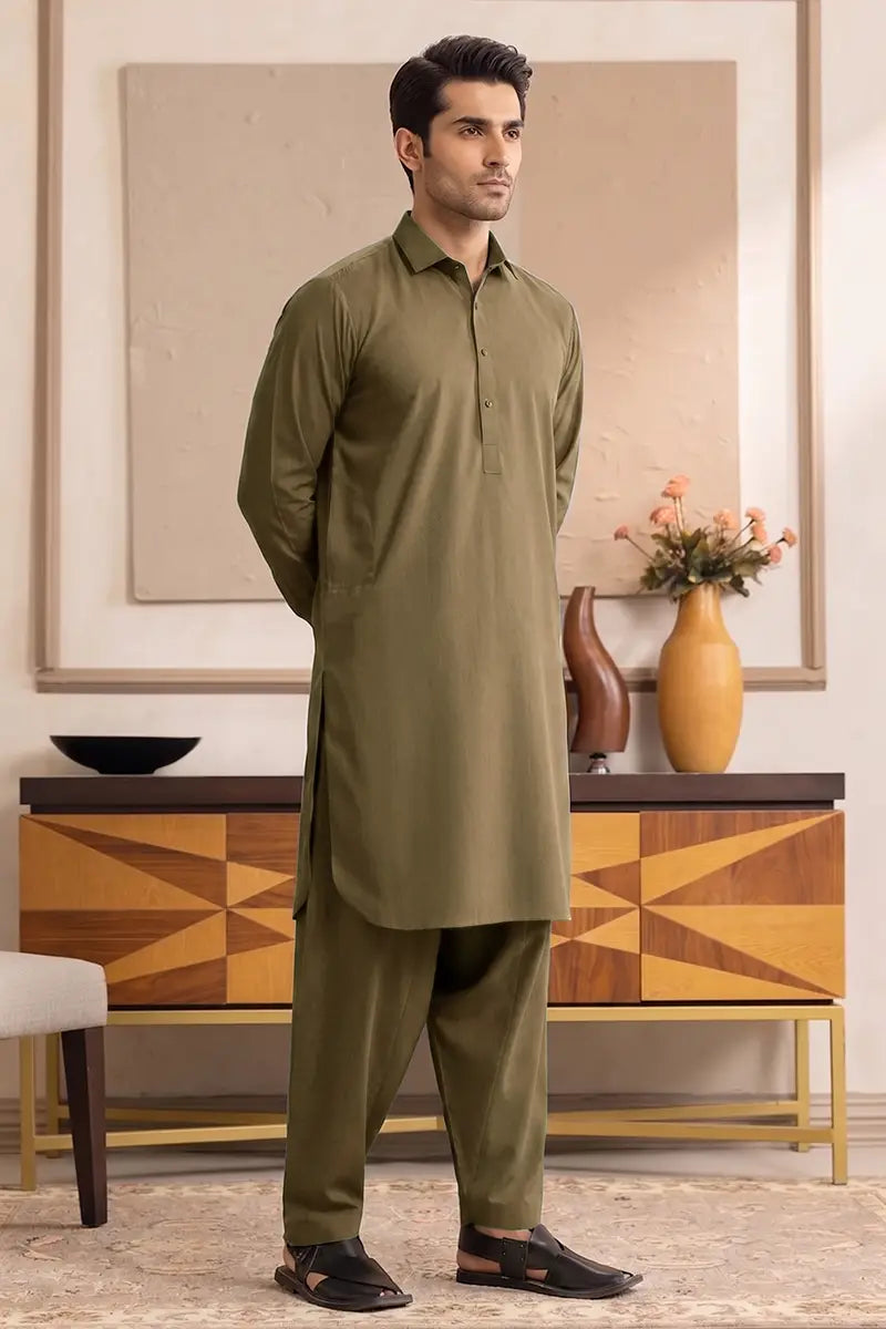 Yameen - Men’s Unstitched Cotton Fabric (Military Olive)