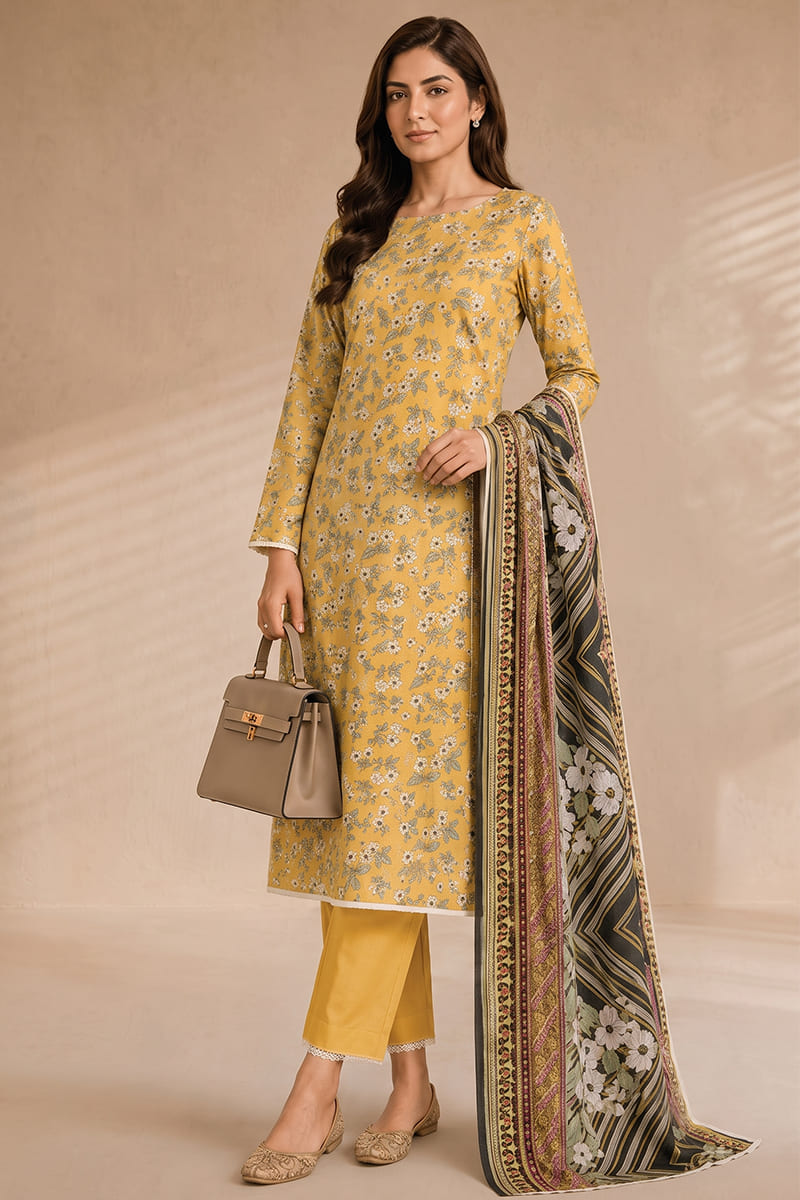 Khaadi (Vol.5) – 3 Piece Unstitched Printed Lawn Suit (Muted Mustard Gold)