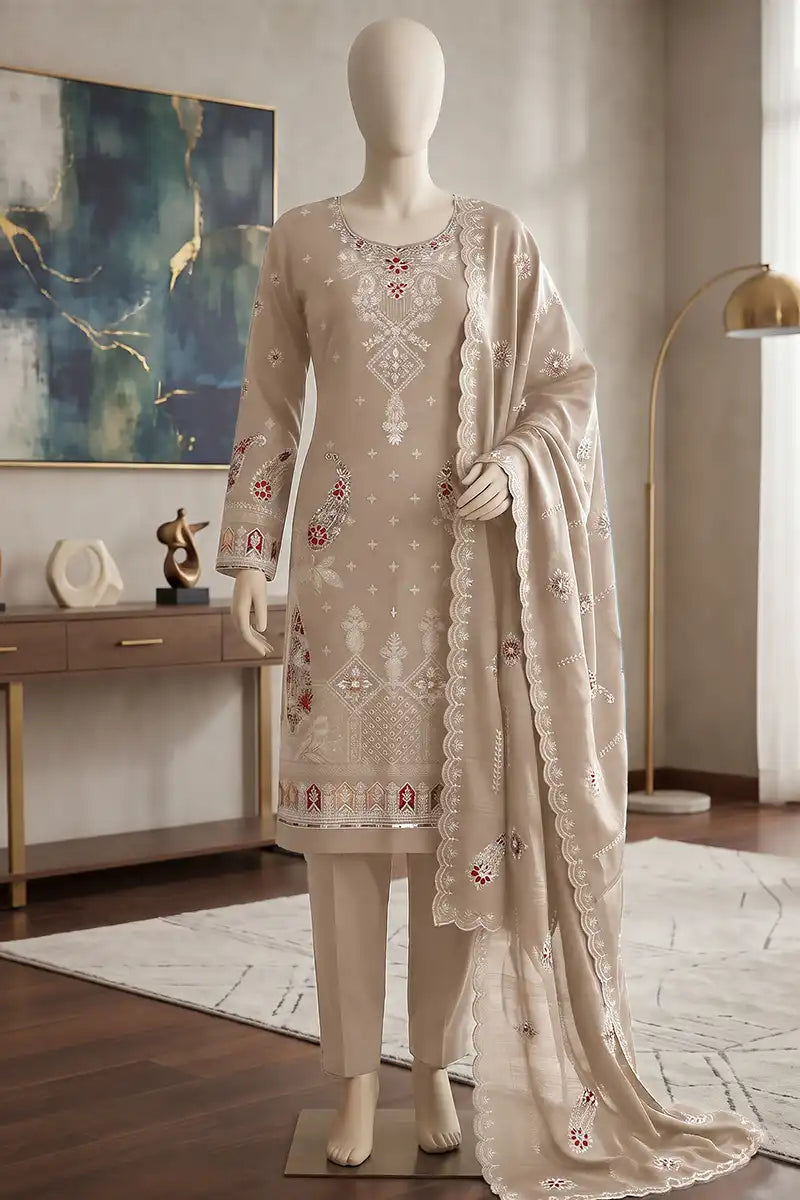 Marvi by Breeza Fashion - 3PC Unstitched Embroidered Lawn Suit (Warm Taupe)