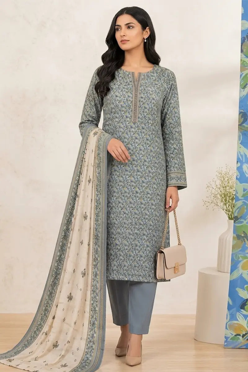 Khaadi Pre-Fall Cambric Series V-6 - 3PC Unstitched Suit (Dusty Slate Blue)