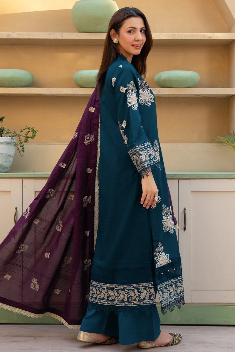 Khimar By Johra - 3PC Unstitched Embroidered Lawn Suit (Deep Teal & Dark Plum)