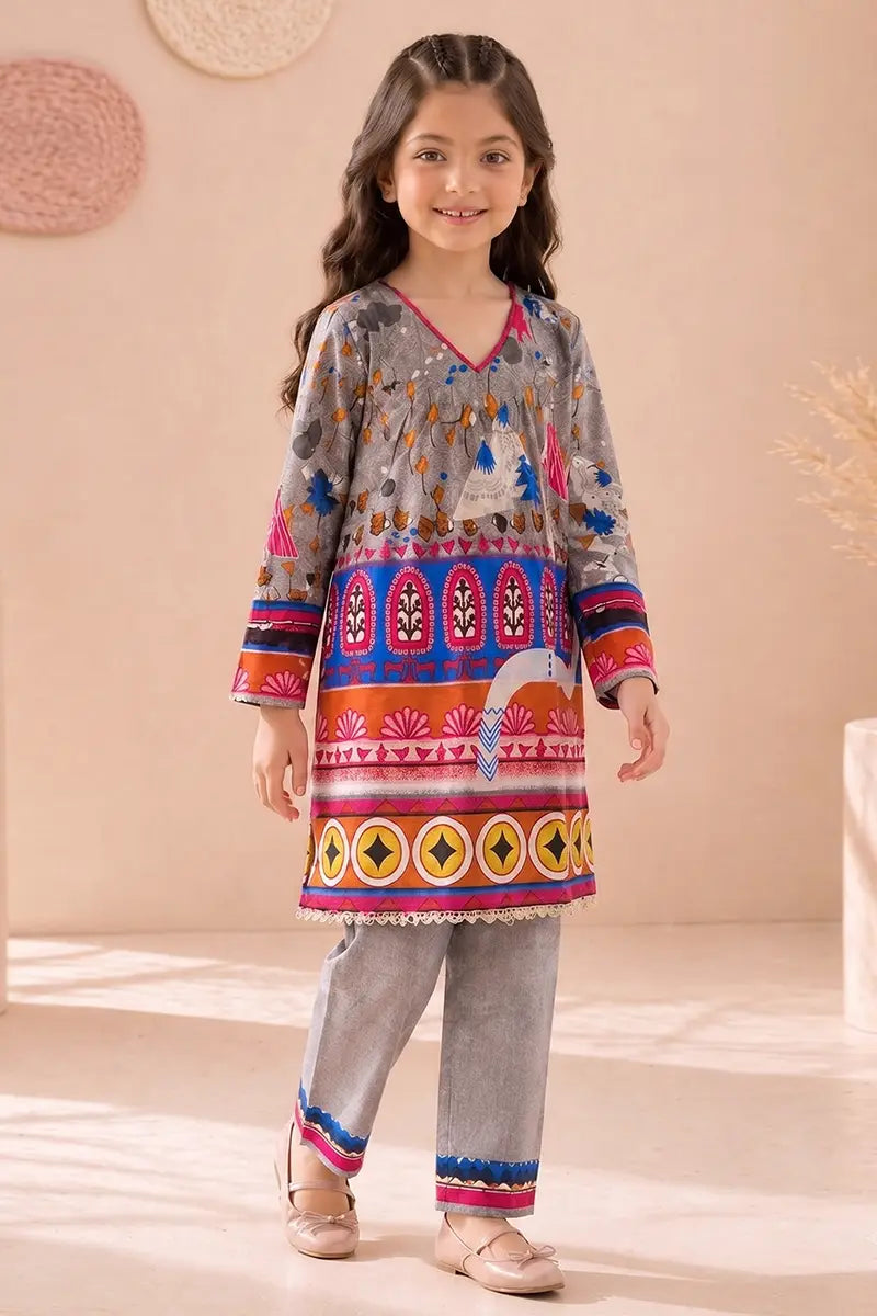 Ting Tone by Almeerah - Girls Unstitched 2-Piece Suit (8 to 12 Years) (Heather Gray & Royal Blue)