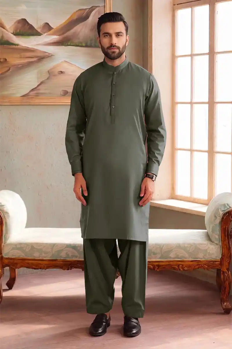 Premium Pasha Men’s Wash & Wear Unstitched Suit (Sage Green)