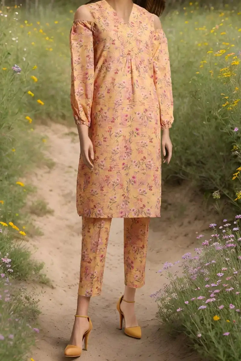 Saya Special Unstitched Khaddar 2-Piece Same Print Suit (Warm Peach)