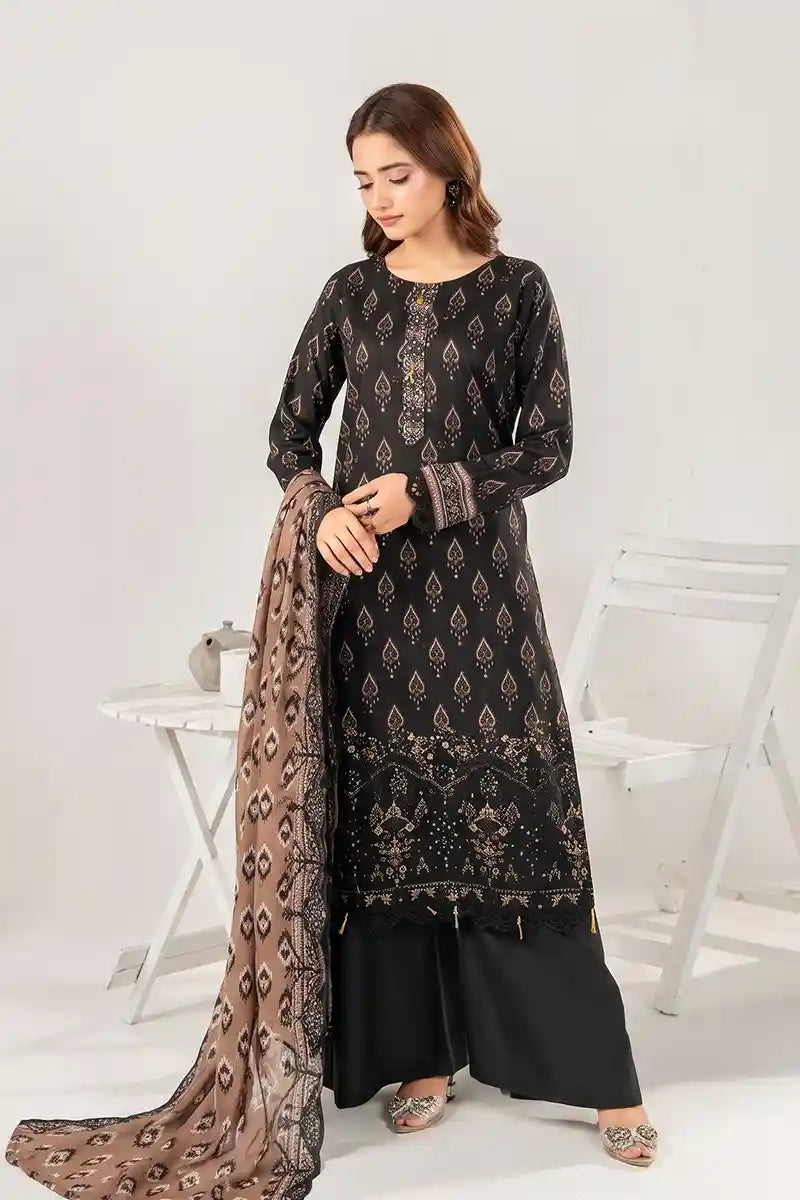 Zesh - 3PC Unstitched Embroidered Lawn Suit (Jet Black & Muted Mocha)