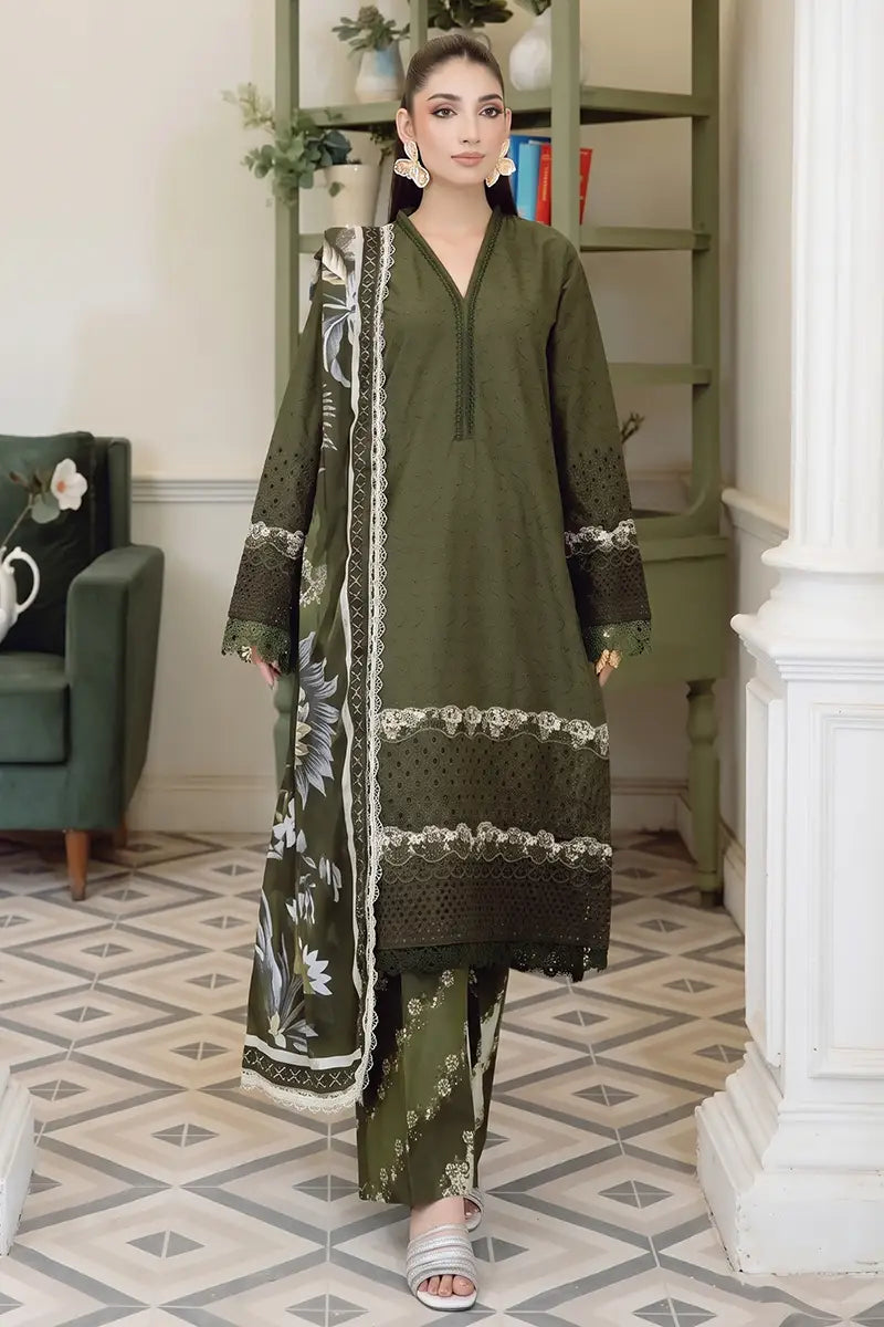 Emerald By Johra - 3 Piece Unstitched Embroidered Chikankari Lawn Suit (Dark Green)