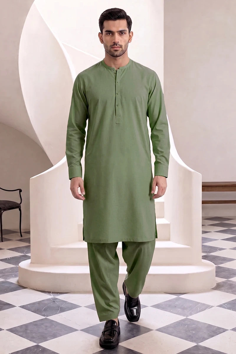 Men’s Unstitched Royal Wash & Wear Suit Fabric by KBC Fashion (Olive Green)