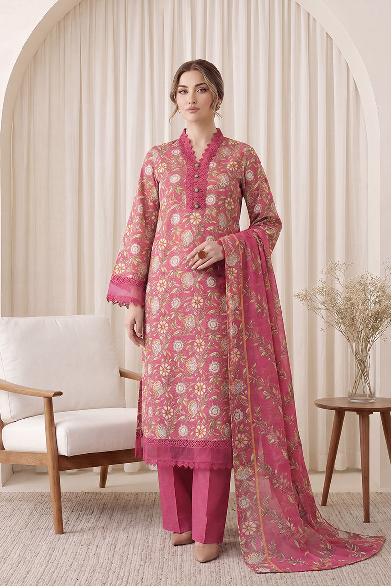 Gul Rang By Bareezé – 3-Piece Unstiched Printed Classic Lawn (Candy pink & Bright Maroon)