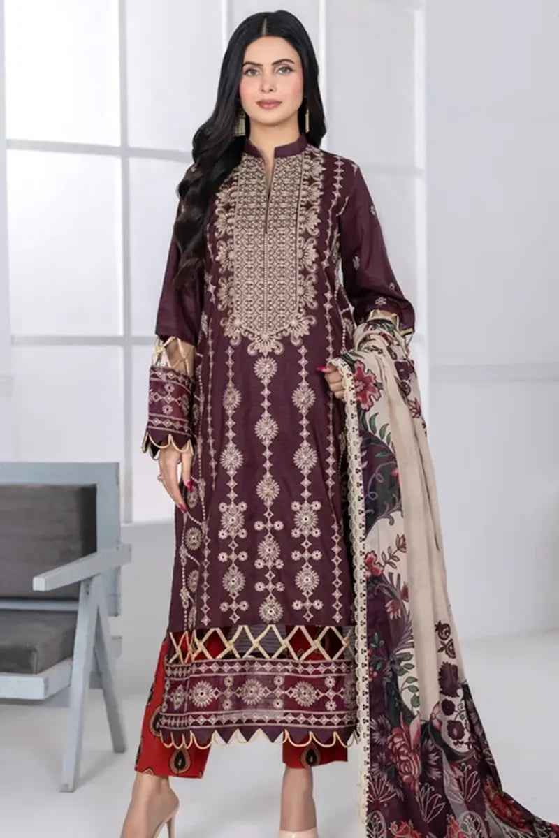 Muswa By Johra - 3PC Unstitched Embroidered Lawn Suit (Deep Plum)