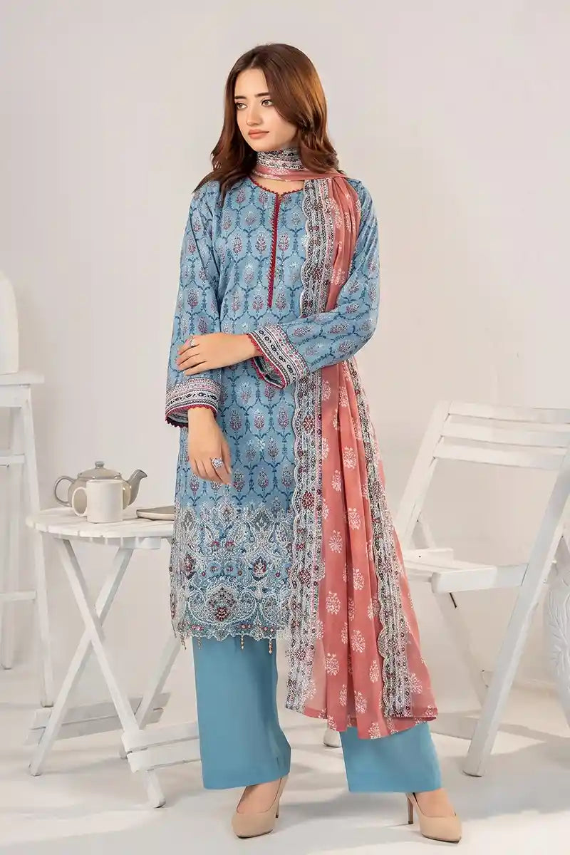 Zesh - 3PC Unstitched Embroidered Lawn Suit (Dusty Slate Blue & Dusty Rose)