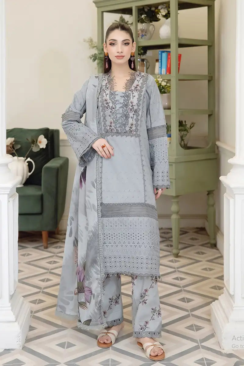 Emerald By Johra - 3 Piece Unstitched Embroidered Chikankari Lawn Suit (Icy Slate)