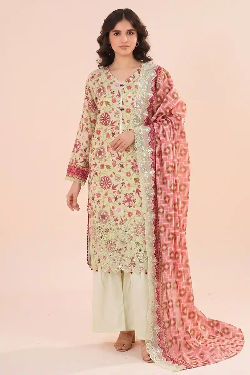 Zesh - 3PC Unstitched Embroidered Lawn Suit (Pale Pistachio & Olive Brown)