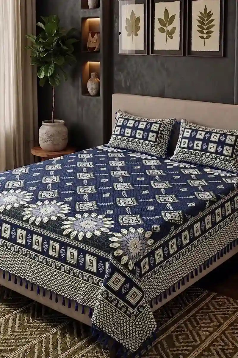 KBCFashion - Premium Multani Double Bed Sheet Set with Zari Work (Deep Navy Blue)