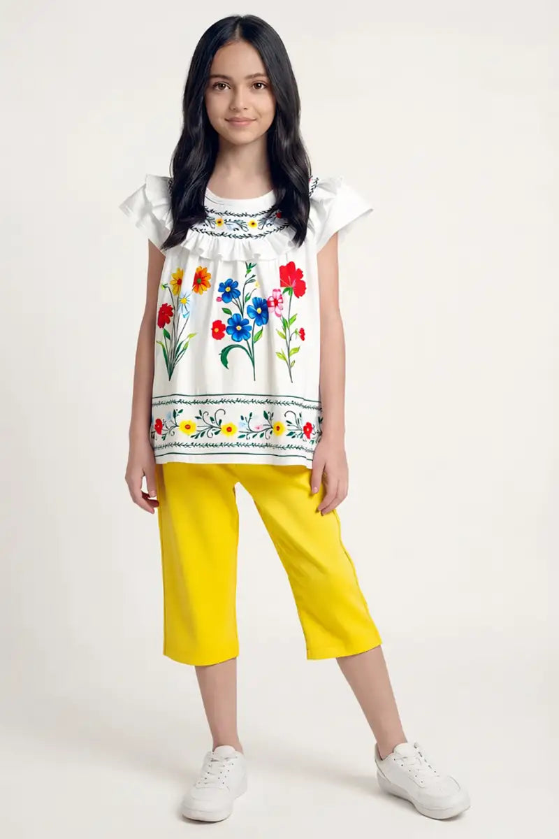 Girls Floral Embroidered Top & Trouser 2-Piece Set