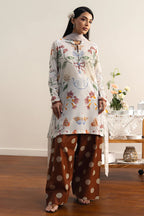 COCO By Zara Shahjahan - 3-Piece Unstitched Printed Lawn Suit (Off-White & Terracotta Brown)
