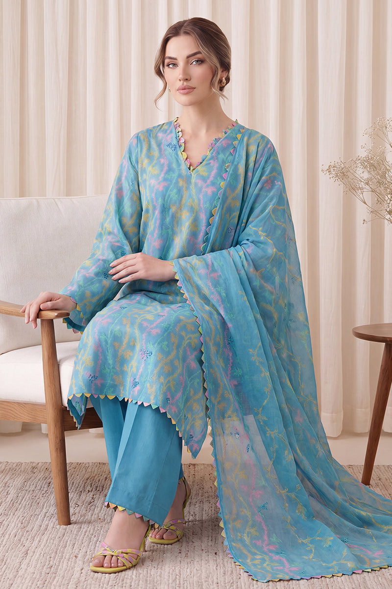 Gul Rang By Bareezé – 3-Piece Unstiched Printed Classic Lawn (Aqua Blue)