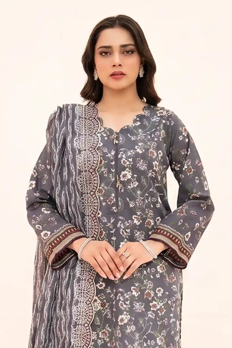 Zesh - 3PC Unstitched Embroidered Lawn Suit (Charcoal Grey)