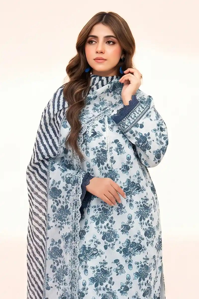 Zesh - 3PC Unstitched Embroidered Lawn Suit (Light Ice Blue)
