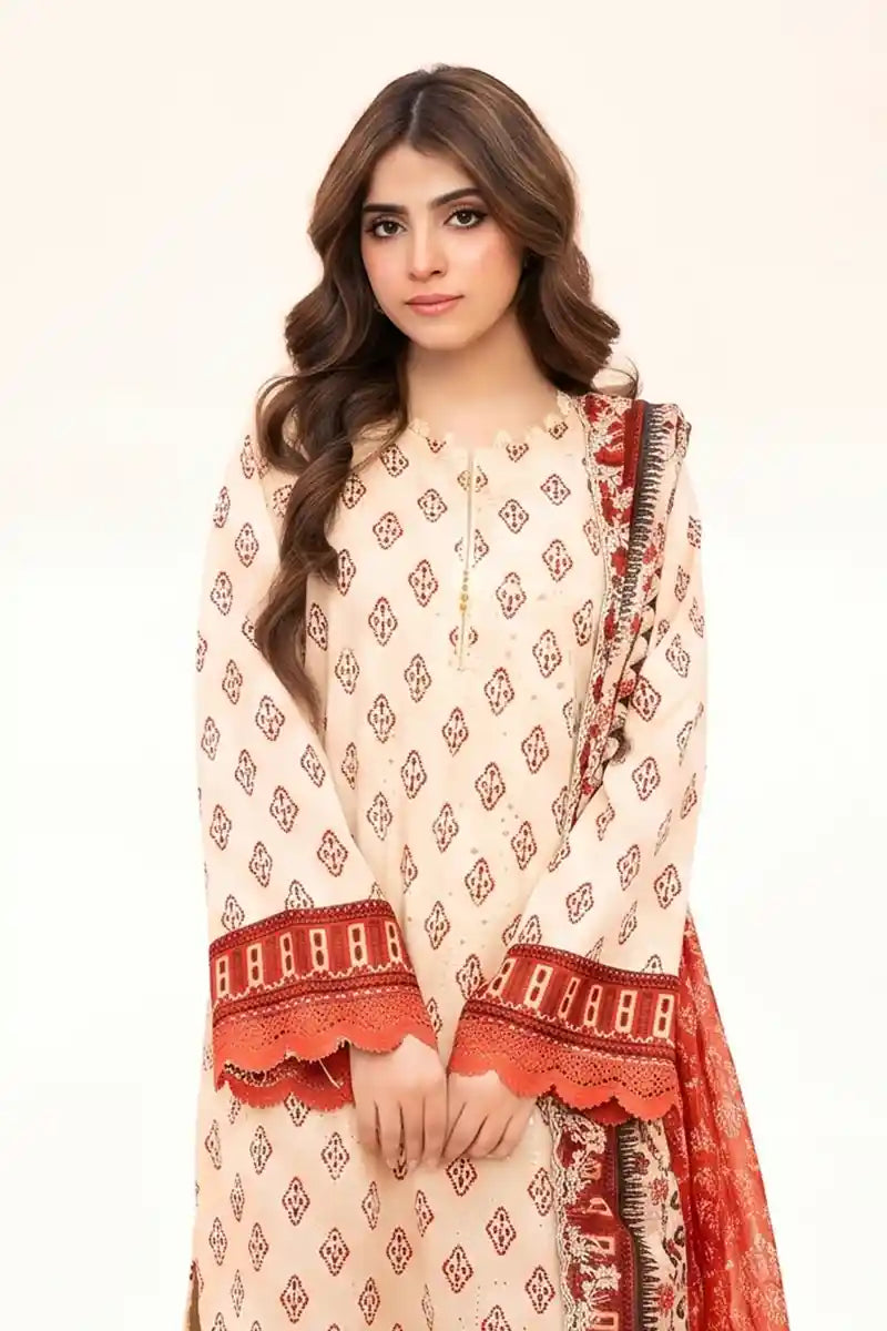Zesh - 3PC Unstitched Embroidered Lawn Suit (Cream)